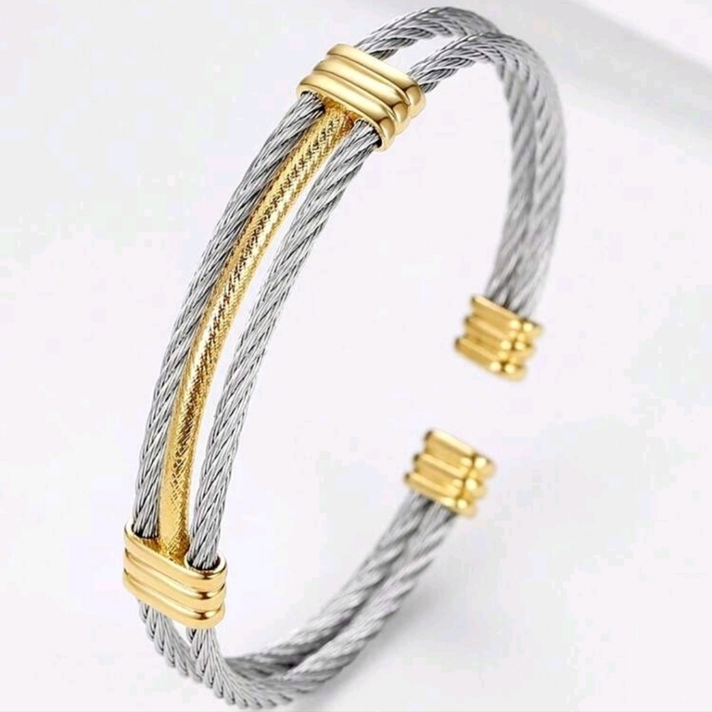 Stainless Steel Women's Two Tone Adjustable Cuff Bracelet